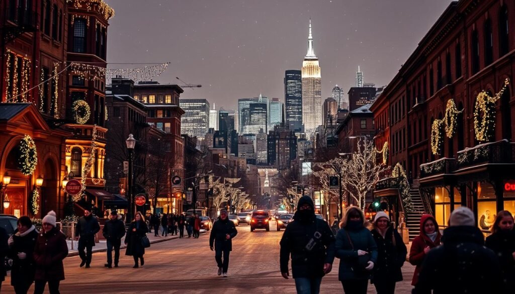 A snow-covered New York City streetscape in the evening, bathed in the warm glow of holiday lights and festive decorations. In the foreground, a busy sidewalk bustling with bundled-up pedestrians, their breath visible in the crisp air. In the middle ground, iconic skyscrapers and brownstone buildings adorned with twinkling fairy lights and wreaths. The background is a panoramic view of the illuminated Manhattan skyline, with the Empire State Building and other landmarks standing tall against a starry winter sky. The scene has a nostalgic, cinematic atmosphere, evoking the magic and wonder of the holiday season in the city that never sleeps.