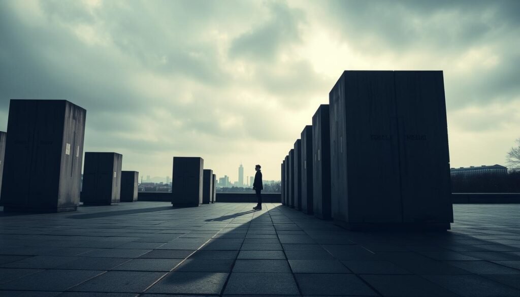 A somber, overcast afternoon in Berlin, the Cold War memorials stand as silent witnesses to a divided past. In the foreground, a cluster of austere concrete blocks, their shadows stretching across the chilled pavement, evoking the harsh realities of the Berlin Wall. In the middle ground, a solitary figure pauses, their gaze fixed on the monumental slabs, contemplating the weight of history. The background fades into a hazy cityscape, a testament to the resilience of a once-divided metropolis, now united in its embrace of a complex, layered heritage. Dramatic, low-angle lighting casts dramatic shadows, lending an air of gravitas to the scene. Captured through a wide-angle lens, the composition emphasizes the towering presence of these stoic memorials, inviting the viewer to reflect on the enduring legacy of the Cold War.