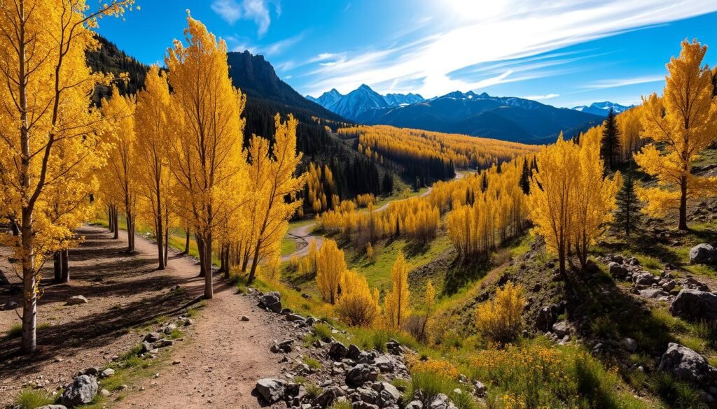 A sprawling Aspen Vista Trail winds through a picturesque canyon, framed by towering peaks and a brilliant azure sky. In the foreground, sunlight dapples the golden leaves of aspens, their trunks casting long, elegant shadows across the rugged trail. The midground reveals lush meadows dotted with vibrant wildflowers, while the distant mountains rise majestically, their snow-capped summits gleaming in the crisp, clear air. The scene exudes a sense of tranquility and natural wonder, inviting the viewer to immerse themselves in the serene beauty of this scenic outdoor escape near Santa Fe. A sprawling Aspen Vista Trail winds through a picturesque canyon, framed by towering peaks and a brilliant azure sky. In the foreground, sunlight dapples the golden leaves of aspens, their trunks casting long, elegant shadows across the rugged trail. The midground reveals lush meadows dotted with vibrant wildflowers, while the distant mountains rise majestically, their snow-capped summits gleaming in the crisp, clear air. The scene exudes a sense of tranquility and natural wonder, inviting the viewer to immerse themselves in the serene beauty of this scenic outdoor escape near Santa Fe.