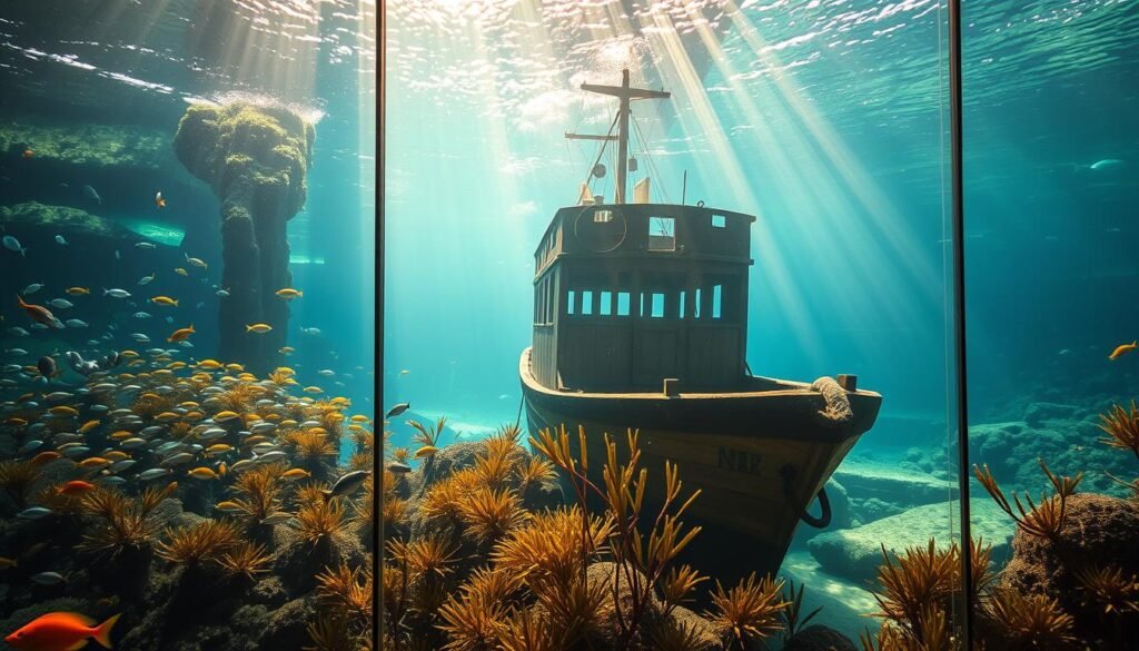 A sprawling aquarium nestled along the picturesque Long Beach coastline, brimming with vibrant marine life. In the foreground, a large floor-to-ceiling glass panel showcases an immersive underwater exhibit, teeming with schools of tropical fish and swaying seaweed. The midground features a partially submerged shipwreck, its weathered hull providing a unique habitat for diverse sea creatures. In the background, sunlight filters through the waters, creating a warm, golden glow that illuminates the entire scene. The atmosphere is serene and tranquil, inviting visitors to explore the wonders of the ocean in a captivating, educational setting. A sprawling aquarium nestled along the picturesque Long Beach coastline, brimming with vibrant marine life. In the foreground, a large floor-to-ceiling glass panel showcases an immersive underwater exhibit, teeming with schools of tropical fish and swaying seaweed. The midground features a partially submerged shipwreck, its weathered hull providing a unique habitat for diverse sea creatures. In the background, sunlight filters through the waters, creating a warm, golden glow that illuminates the entire scene. The atmosphere is serene and tranquil, inviting visitors to explore the wonders of the ocean in a captivating, educational setting.