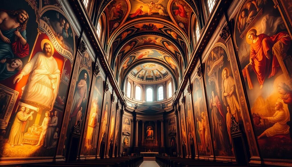 A sprawling church interior bathed in warm, golden light. The walls are adorned with intricate frescoes, depicting scenes from biblical narratives. The figures come alive, their expressions and gestures capturing the drama and spirituality of the sacred stories. Ornate architectural details, such as arched ceilings and ornamental columns, frame the mesmerizing artwork. The perspective creates a sense of depth, drawing the viewer's gaze deeper into the sacred space. The overall atmosphere is one of reverence and wonder, inviting the observer to immerse themselves in the rich tapestry of art and faith. A sprawling church interior bathed in warm, golden light. The walls are adorned with intricate frescoes, depicting scenes from biblical narratives. The figures come alive, their expressions and gestures capturing the drama and spirituality of the sacred stories. Ornate architectural details, such as arched ceilings and ornamental columns, frame the mesmerizing artwork. The perspective creates a sense of depth, drawing the viewer's gaze deeper into the sacred space. The overall atmosphere is one of reverence and wonder, inviting the observer to immerse themselves in the rich tapestry of art and faith.