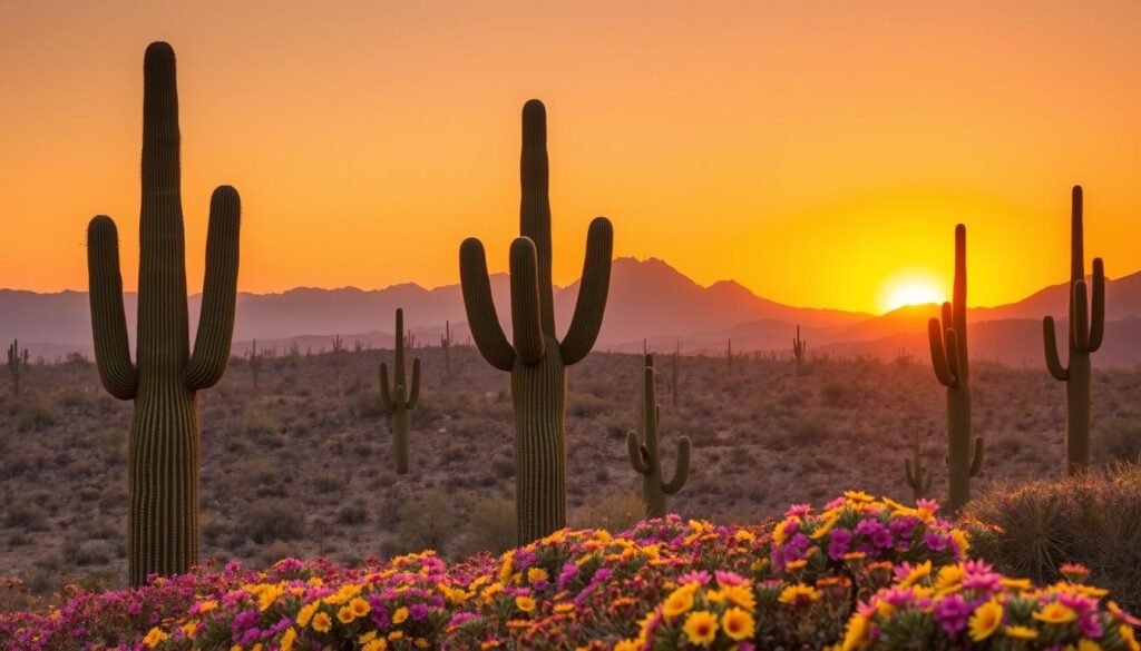 A sprawling desert landscape of towering saguaro cacti silhouetted against a vibrant golden-hued sky at sunset. In the foreground, a rolling carpet of blooming desert wildflowers in hues of purple, yellow, and pink frames the scene. The middle ground features gently undulating hills dotted with more cacti and scrubby desert vegetation, bathed in the warm, soft lighting. A sense of tranquility and timelessness pervades the overall atmosphere, capturing the essence of Saguaro National Park in southern Arizona.