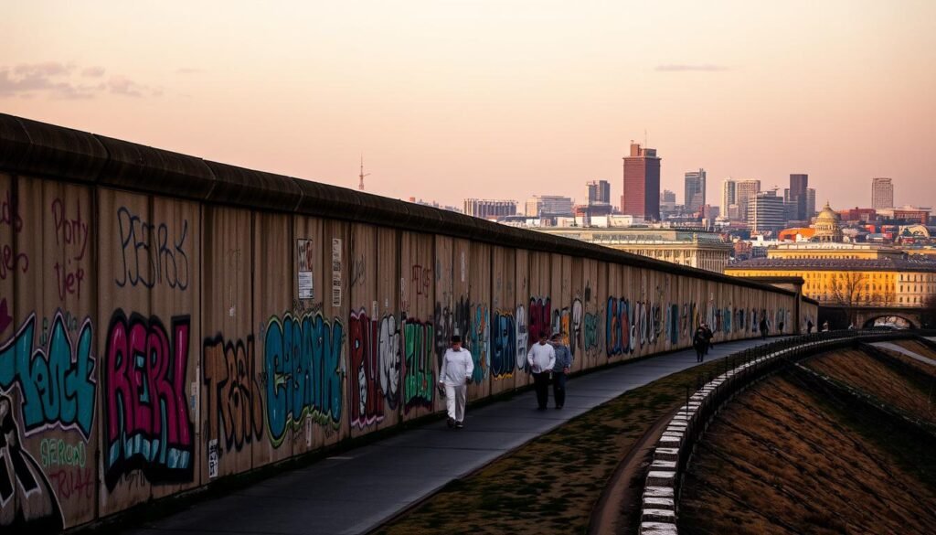 A sprawling, graffiti-covered section of the Berlin Wall, stretching across a dimly lit urban landscape. The foreground features a towering, weathered concrete barrier, its surface adorned with vibrant, expressive murals that capture the spirit of East German resistance and the reunification of the city. In the middle ground, passersby stroll along the path beside the Wall, their silhouettes casting long shadows in the soft, golden light of dusk. The background is filled with the iconic skyline of Berlin, a blend of modern architecture and historic landmarks, hinting at the city's complex and storied past. The scene conveys a sense of solemn reflection and the enduring legacy of this powerful symbol of division and reconciliation.