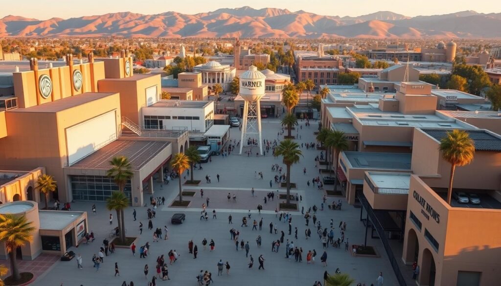 A sprawling, meticulously detailed exterior of the iconic Warner Bros. Studio lot in Burbank, California. The towering sound stages and studio facades are captured in an expansive, high-angle shot, bathed in warm, golden sunlight. In the foreground, visitors can be seen exploring the grounds, marveling at the familiar movie sets and production equipment. The middle ground features the famous water tower and Midwest Street backlot, while the background is dotted with palm trees and the rolling hills of the San Fernando Valley. An atmosphere of cinematic wonder and Hollywood magic permeates the scene, inviting the viewer to step into the world of television and film production.