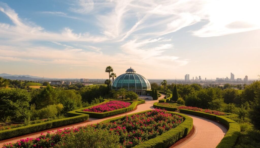 A sprawling oasis of lush greenery, the Myriad Botanical Gardens in Oklahoma City offer a serene escape from the city. In the foreground, a winding path meanders through vibrant flowerbeds and manicured hedges, inviting visitors to explore. In the middle ground, the iconic Crystal Bridge Tropical Conservatory rises, its glass-enclosed structure housing a diverse array of tropical plants and towering palm trees. The background features a panoramic view of the gardens, with rolling hills and the city skyline in the distance, bathed in warm, golden sunlight that filters through wispy clouds. The overall scene conveys a sense of tranquility, where nature and urban life coexist in perfect harmony.