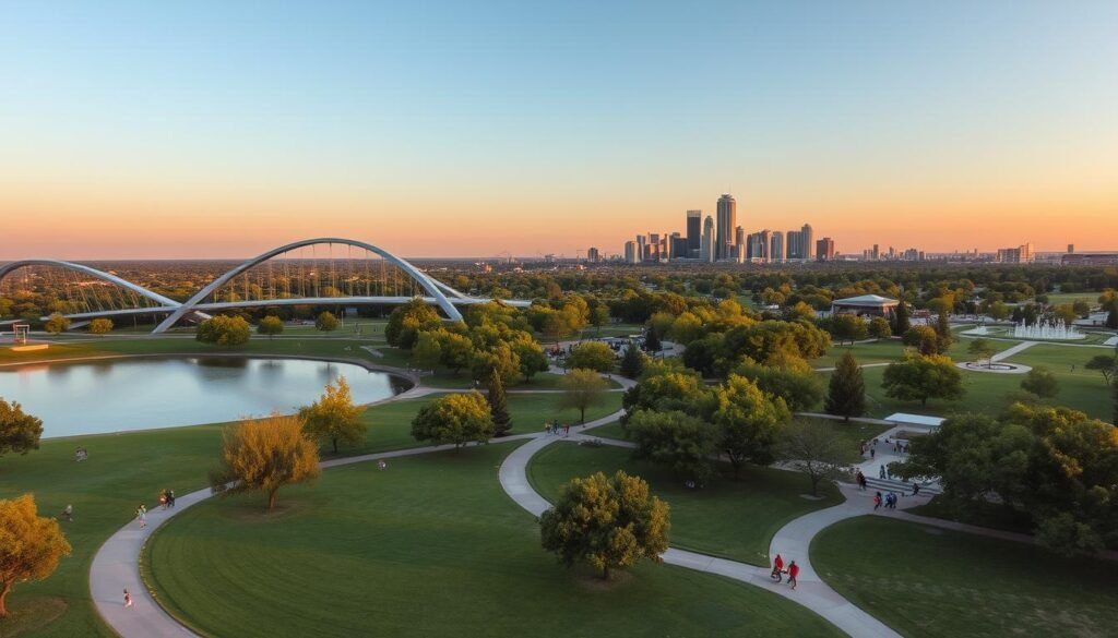 A sprawling urban oasis, Scissortail Park in Oklahoma City. A lush green landscape dotted with graceful trees, winding paths, and serene ponds. In the foreground, the iconic SkyDance Bridge arches over a tranquil lake, its sleek steel frame silhouetted against a warm, golden sunset sky. Joggers and cyclists weave through the park, while families gather on the grassy lawns, enjoying the scenic views. The middle ground reveals a bustling activity center, with an outdoor amphitheater and lively fountains. In the distance, the striking skyline of downtown OKC rises, a modern backdrop to this vibrant, inviting public space. Capture the peaceful yet energetic atmosphere of this urban retreat, a perfect place to stretch out and embrace the heart of Oklahoma City.