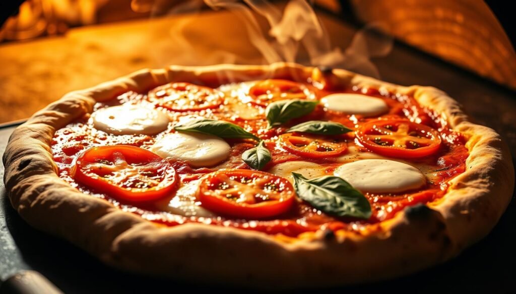 A steaming, freshly-baked Neapolitan-style pizza, its thin, crispy crust glistening with a light coating of olive oil. Tantalizing bubbles of melted mozzarella cheese stretch across the surface, punctuated by bright-red slices of ripe tomatoes and fragrant basil leaves. The aroma of baking dough and simmered tomato sauce fills the air, evoking the vibrant culinary traditions of Naples, the birthplace of the iconic Margherita pizza. A warm, golden glow from a wood-fired oven bathes the scene, casting dramatic shadows and highlighting the artisanal craftsmanship of the dish. The overall composition conveys a sense of rustic authenticity, inviting the viewer to embark on a delectable pizza pilgrimage through the gastronomic heart of Italy.