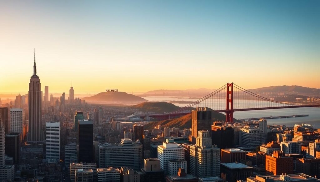 A striking panoramic view of iconic American cityscapes, bathed in warm golden light. In the foreground, the bustling streets of New York City, with towering skyscrapers and the famous Statue of Liberty in the distance. In the middle ground, the gleaming skyline of Los Angeles, punctuated by the Hollywood Sign on the hills. In the background, the majestic Golden Gate Bridge spanning the San Francisco Bay, with the rolling hills of the city in the backdrop. The scene captures the energy, diversity, and grandeur of the top destinations in the United States, inviting the viewer to explore their unique charms and cultural riches.
