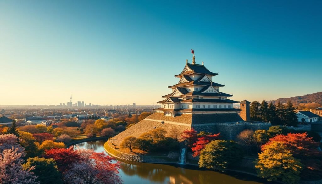 A stunning aerial view of Osaka Castle, its iconic pagoda rising majestically against a clear blue sky. The castle's sturdy stone walls and graceful roofs are illuminated by warm, golden sunlight, casting dramatic shadows across the meticulously manicured castle grounds. In the foreground, a serene pond reflects the castle's impressive silhouette, surrounded by lush, verdant gardens dotted with vibrant cherry blossoms or crimson autumn foliage, depending on the season. In the distance, the city skyline of Osaka stretches out, creating a captivating contrast between the historic landmark and the modern urban landscape. The scene exudes a sense of timeless elegance and tranquility, inviting the viewer to explore the castle's rich history and the peaceful sanctuary of its surrounding park.