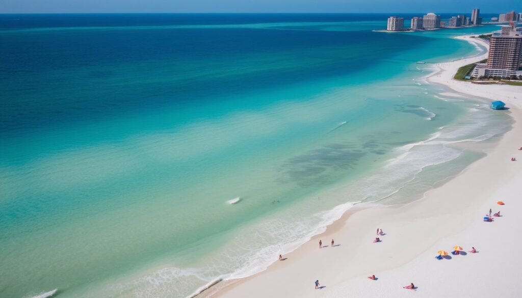 A stunning aerial view of Panama City Beach, Florida, showcasing the turquoise waters of the Gulf of Mexico and the pristine white sand beaches. In the foreground, sunbathers and beachgoers enjoy the warm sun, their colorful umbrellas and towels dotting the landscape. The middle ground features gently lapping waves, their soothing rhythm accentuated by the soft natural lighting. In the distance, the iconic high-rise hotels and condominiums stand as a testament to the vibrant coastal community. The overall scene exudes a sense of serenity and relaxation, perfectly capturing the essence of "Sun, Sand, and Sea: Beach Days You Can't Miss" in this idyllic Florida destination.