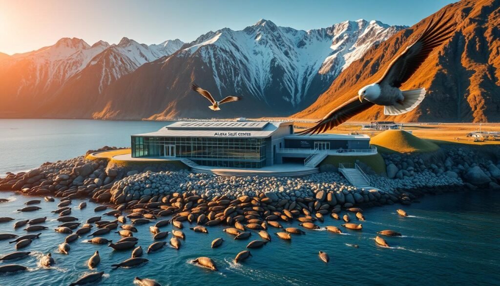 A stunning aerial view of the Alaska SeaLife Center, nestled along the rugged coastline of Seward, Alaska. The modern, glass-fronted building stands in contrast to the jagged, snow-capped mountains in the background, with the deep blue waters of Resurrection Bay lapping at the center's doorstep. The foreground is filled with a vibrant display of native Alaskan marine life, including playful sea otters, graceful harbor seals, and majestic bald eagles soaring overhead. The scene is illuminated by warm, natural lighting that casts a soft, golden glow over the entire composition, creating a sense of wonder and tranquility. The overall atmosphere evokes the adventurous spirit of Alaska's "Last Frontier."