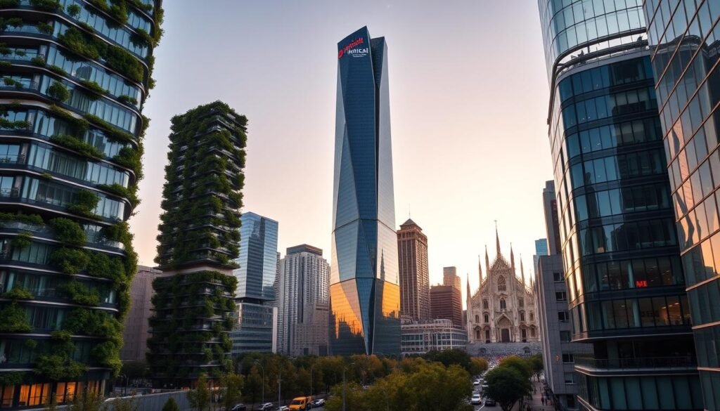 A stunning cityscape of Porta Nuova, Milan's modern architectural marvel. In the foreground, the sleek, glass-and-steel towers of the Bosco Verticale (Vertical Forest) stand tall, their lush greenery cascading down the facade. Beyond, the iconic UniCredit Tower, with its striking geometric design, pierces the sky. In the middle ground, the Unicredit Tower and the surrounding skyscrapers create a dynamic, futuristic skyline, bathed in warm, golden light of the setting sun. In the distance, the historic spires of the Duomo di Milano can be glimpsed, blending the old and new. The scene is captured with a wide-angle lens, conveying a sense of grandeur and urbane sophistication, perfectly reflecting the modern, vibrant spirit of this remarkable city. A stunning cityscape of Porta Nuova, Milan's modern architectural marvel. In the foreground, the sleek, glass-and-steel towers of the Bosco Verticale (Vertical Forest) stand tall, their lush greenery cascading down the facade. Beyond, the iconic UniCredit Tower, with its striking geometric design, pierces the sky. In the middle ground, the Unicredit Tower and the surrounding skyscrapers create a dynamic, futuristic skyline, bathed in warm, golden light of the setting sun. In the distance, the historic spires of the Duomo di Milano can be glimpsed, blending the old and new. The scene is captured with a wide-angle lens, conveying a sense of grandeur and urbane sophistication, perfectly reflecting the modern, vibrant spirit of this remarkable city.