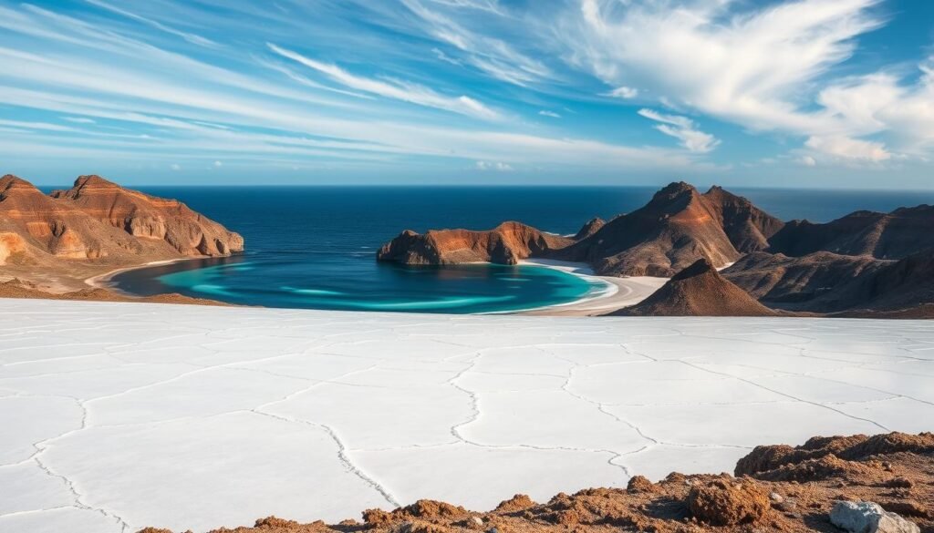 A stunning coastal landscape in Cabo Rojo, Puerto Rico. In the foreground, the iconic salt flats stretch out, with their geometric patterns and brilliant white hue reflecting the intense sunlight. Beyond, majestic sea cliffs rise up, their rugged, weathered faces casting dramatic shadows. In the middle distance, a serene, swimmable bioluminescent bay glows with an ethereal, otherworldly light, inviting exploration. The sky above is a vibrant azure, with wispy clouds drifting lazily. The overall scene conveys a sense of tranquility, natural wonder, and the captivating beauty of this unique corner of Puerto Rico. Captured with a wide-angle lens to emphasize the scale and grandeur of the landscape.