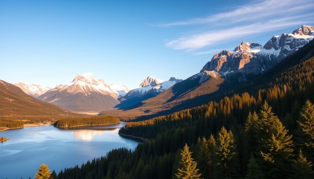 A stunning landscape of a German national park, featuring majestic mountains with snow-capped peaks, a serene lake reflecting the surrounding beauty, and a dense, lush forest in the foreground. The scene is bathed in warm, golden sunlight, creating a inviting and tranquil atmosphere. The perspective is from slightly elevated, allowing for a panoramic view of the breathtaking natural scenery. The image captures the essence of Germany's stunning natural wonders, perfect for showcasing the best places to visit in the country.