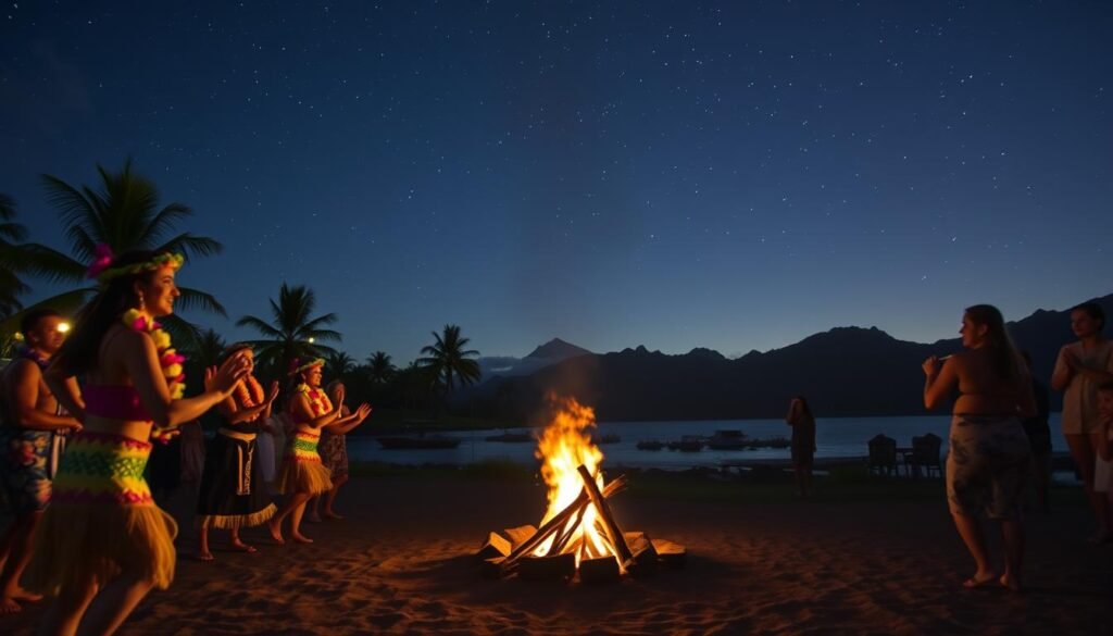 A stunning luau experience set against the backdrop of Kailua-Kona's natural beauty. In the foreground, hula dancers sway gracefully to the rhythmic beats of traditional Hawaiian music, their colorful costumes and leis creating a captivating visual display. The middle ground features a roaring bonfire, its flickering flames casting a warm, inviting glow across the scene. Beyond, the majestic silhouettes of palm trees and volcanic mountains stretch into the distance, with the clear night sky ablaze with twinkling stars. The overall atmosphere evokes a sense of cultural immersion, transporting the viewer to a tranquil, enchanting evening under the stars in this idyllic Hawaiian setting.