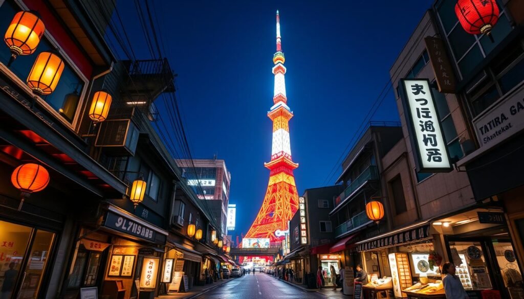 A stunning night view of Tsutenkaku, the iconic landmark of Osaka's Shinsekai district. The illuminated tower stands tall against a deep indigo sky, its vibrant neon lights reflecting in the puddles below. In the foreground, the narrow streets are bustling with retro charm, lined with nostalgic mom-and-pop shops and traditional lanterns. A warm, golden glow emanates from the windows, inviting visitors to explore the old-world atmosphere. The middle ground features the lively Shinsekai market, with vendors selling local delicacies and trinkets. Overhead, the tower's distinctive shape is captured through a wide-angle lens, showcasing its architectural elegance in the night. This captivating scene encapsulates the essence of Osaka's Retro Shinsekai district, where the past and present effortlessly coexist.