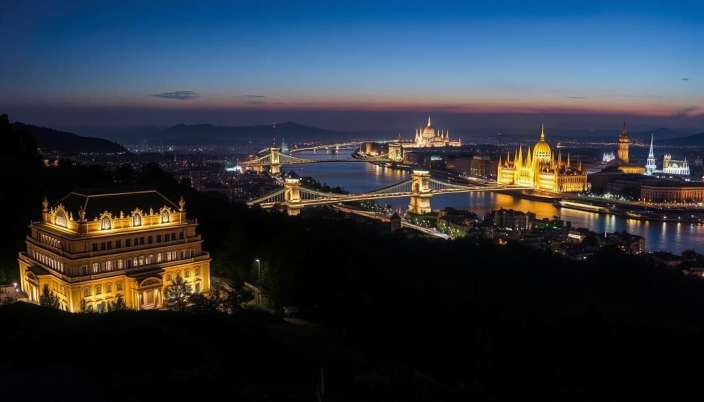 A stunning nighttime panorama of Gellért Hill, Budapest's iconic vantage point. The floodlit Gellért Thermal Baths and Hotel Gellért stand proudly in the foreground, their ornate architecture illuminated against the dark sky. In the middle ground, the majestic silhouettes of the Chain Bridge and the Hungarian Parliament Building stretch across the Danube River, reflecting its glittering waters. In the distant background, the cityscape of Budapest rises, its skyscrapers and spires forming a dramatic skyline under the gentle glow of the night. A wide-angle lens captures this breathtaking vista, showcasing the sweeping views and the serene, atmospheric mood of Gellért Hill after dark.
