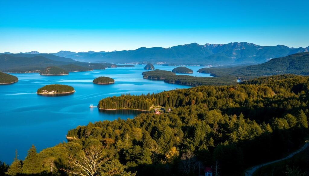 A stunning panoramic view of Lake George, the "Queen of the American Lakes," under a soft golden hour glow. In the foreground, crystal-clear waters reflect the surrounding lush forests and majestic mountains. The middle ground features picturesque islands dotting the lake, with rustic cabins and docks peeking through the trees. In the background, the Adirondack peaks rise majestically, their rugged silhouettes casting long shadows across the serene landscape. The scene is bathed in a warm, inviting light, creating a sense of peaceful tranquility and natural wonder. This is the view that keeps drawing me back to this enchanting corner of the Adirondacks, time and time again.