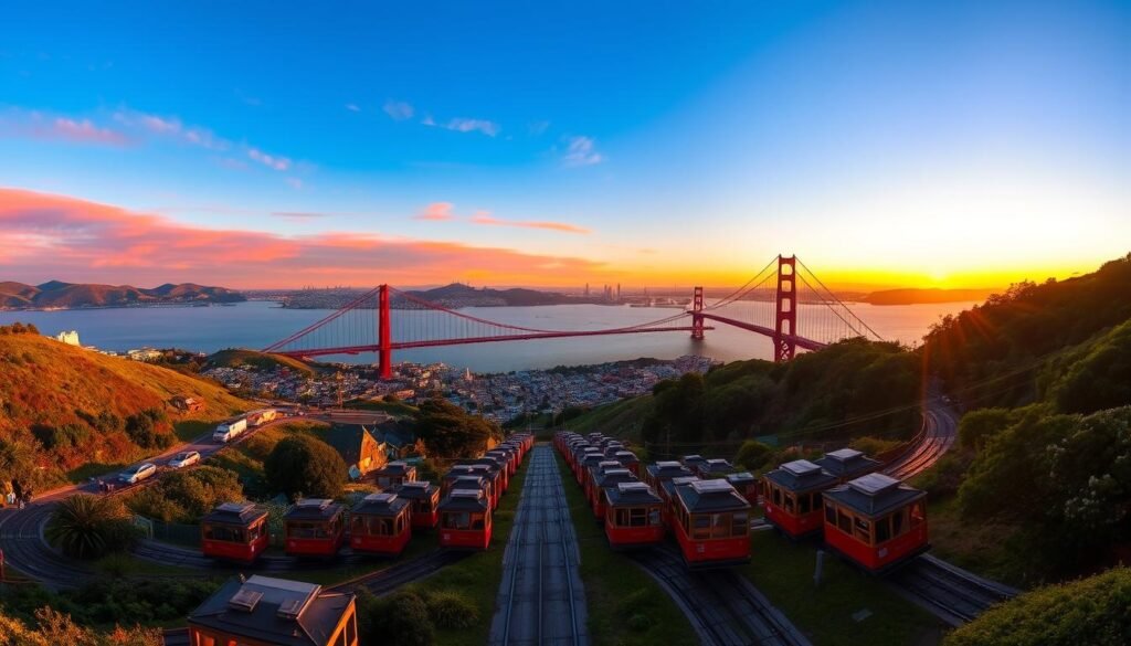 A stunning panoramic view of the iconic San Francisco skyline, bathed in the warm glow of a golden hour sunset. In the foreground, the famous cable cars wind their way up the steep hills, capturing the essence of the city's unique charm. The middle ground features the majestic Golden Gate Bridge, its graceful arches silhouetted against the vibrant orange and pink hues of the sky. In the distance, the shimmering waters of the San Francisco Bay stretch out, dotted with sailing boats and framed by the rolling green hills. The scene exudes a sense of tranquility and wonder, inviting the viewer to immerse themselves in the breathtaking beauty of this beloved American destination.