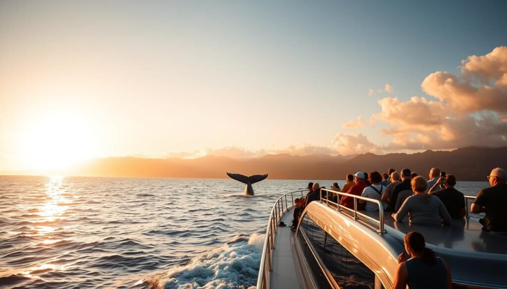 A stunning seascape at golden hour, capturing a group of whale watchers aboard a sleek, modern boat. In the foreground, the boat's deck is filled with awestruck passengers, cameras in hand, gazing out at the vast ocean. In the middle ground, a massive humpback whale breaches the surface, its powerful tail slicing through the glistening waves. The background is a panoramic vista of the Kona coastline, with verdant mountains and a vibrant sunset sky casting a warm glow over the entire scene. The lighting is soft and diffused, creating a serene and tranquil atmosphere, perfectly suited for an epic boat adventure in Hawaii.