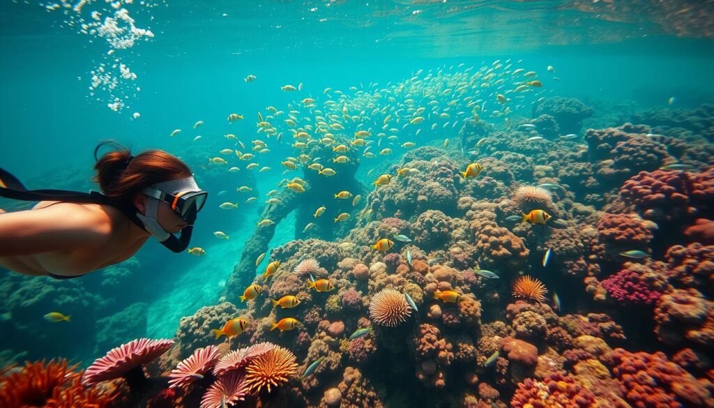 A stunning underwater scene of a vibrant coral reef teeming with tropical fish. In the foreground, a snorkeler explores the crystal-clear waters, their mask and snorkel visible as they drift effortlessly through the marine landscape. The middle ground reveals a kaleidoscope of colorful sea life, from schools of sleek, darting fish to swaying anemones and gently undulating sea fans. The background showcases the depth and clarity of the water, with sunlight filtering down and illuminating the entire scene with a warm, golden glow. The overall atmosphere evokes a sense of wonder, tranquility, and the pure joy of immersing oneself in the natural beauty of a world-class snorkeling destination.