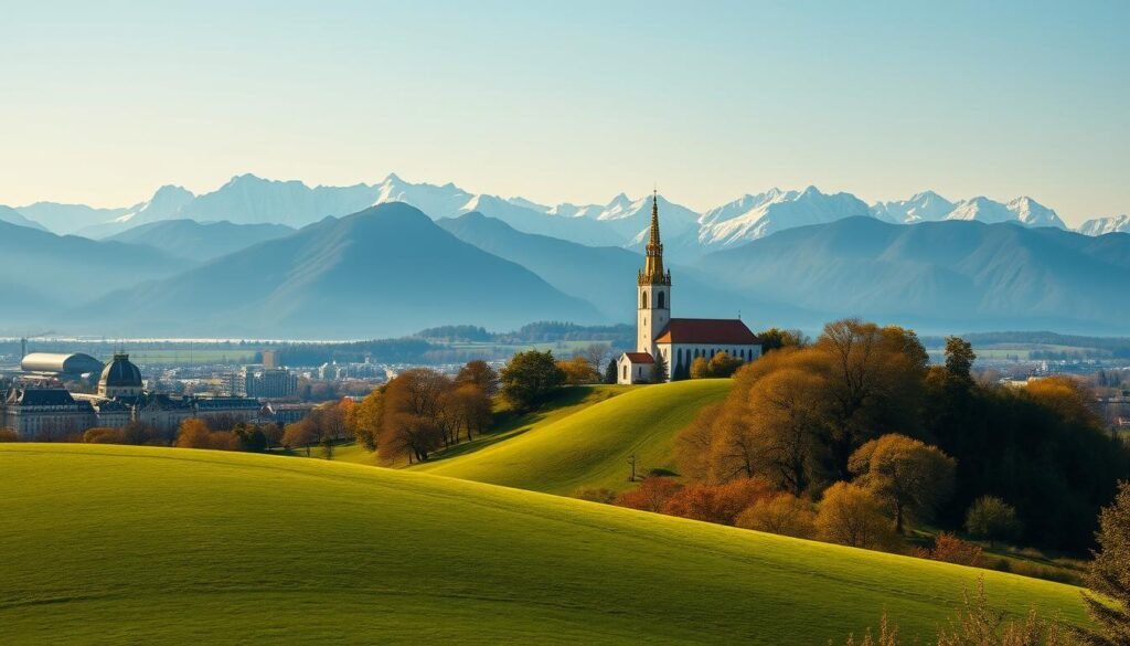 A stunning vista of the Olympiaberg, a towering hill in Munich, unfolds before the viewer. In the foreground, the rolling green expanse of the park contrasts with the imposing silhouette of the hill. Mid-frame, the iconic Romanesque-style Church of St. Margaret stands tall, its golden spires piercing the crisp, azure sky. In the background, the majestic Bavarian Alps rise up, their snow-capped peaks kissing the horizon. Warm, golden sunlight bathes the scene, creating a sense of tranquility and wonder. The perspective is slightly elevated, allowing the viewer to take in the full breadth of this breathtaking panorama - a quintessential Munich skyline framed by the splendor of the surrounding mountains.