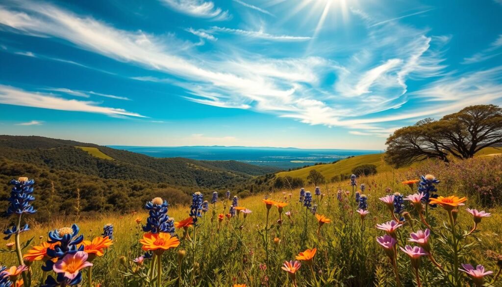 A sun-dappled Texas Hill Country landscape, lush with vibrant wildflowers blooming in the foreground. Sweeping vistas of rolling hills and distant blue peaks stretch out in the middle ground, bathed in warm, golden light. The scene is captured through a wide-angle lens, conveying a sense of expansive, breezy tranquility. Dainty bluebonnets, vibrant Indian paintbrushes, and delicate pink evening primroses dot the verdant meadows, swaying gently in a gentle breeze. Wispy clouds drift across a brilliant azure sky, casting soft shadows across the undulating terrain. This idyllic, serene vista encapsulates the natural beauty and serene ambiance of the Texas Hill Country in springtime.