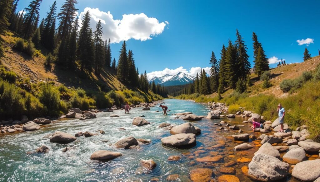 A sun-dappled Wenatchee River winds through a picturesque Pacific Northwest landscape. In the foreground, crystal-clear water flows over smooth, rounded boulders, inviting visitors to dip their toes. Lush, verdant banks rise on either side, dotted with towering pine and fir trees. In the middle ground, the river widens, its surface reflecting the azure sky and fluffy white clouds above. Distant snow-capped peaks jut into the horizon, creating a dramatic, awe-inspiring backdrop. The scene is bathed in warm, golden light, evoking a sense of adventure and tranquility. Captured through a wide-angle lens, this breathtaking view showcases the natural beauty and outdoor recreation opportunities along the Wenatchee River.