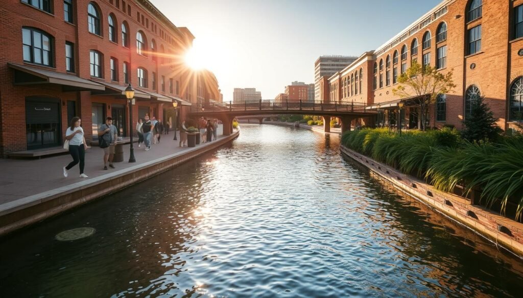 A sun-dappled afternoon along the Bricktown Canal in Oklahoma City. The glassy, reflective water flows gently, mirroring the charming brick buildings and pedestrian bridges lining its banks. People stroll casually, sipping coffee and taking in the vibrant energy of this urban oasis. A wide-angle lens captures the scene, showcasing the canal's serpentine path and the lush greenery lining its edges. The warm, golden light casts a soft, inviting glow, creating a sense of tranquility and leisure amidst the bustling city. This picturesque waterway is the heart of Bricktown, a vibrant district perfect for exploring on foot, taking a boat tour, or enjoying a round of mini-golf.