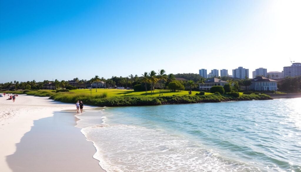 A sun-dappled coastal scene in Naples, Florida. In the foreground, white sand beaches and gentle lapping waves. Beachgoers stroll along the shoreline, relaxing under a vibrant blue sky. In the middle ground, a lush, verdant landscape with swaying palm trees and lush vegetation. Towards the horizon, a picturesque cityscape of stately buildings and high-rise condos, all bathed in a warm, golden light. The atmosphere is one of tranquility and leisure, capturing the essence of the best things to do in this charming coastal town.