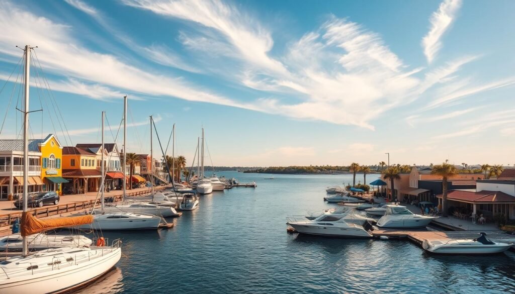 A sun-dappled harbor in historic St. Andrews, Panama City, Florida. In the foreground, sailboats and yachts are moored at the docks, their reflections shimmering on the calm waters. The middle ground features a bustling promenade lined with quaint local shops and cafes, their colorful facades casting warm shadows. In the background, a panoramic view of the harbor reveals the silhouettes of distant palm trees and the gently rolling hills beyond. A soft, golden light filters through wispy clouds, creating a serene and inviting atmosphere. Captured through the lens of a wide-angle camera, this idyllic harbor scene promises a charming slice of coastal Florida life.