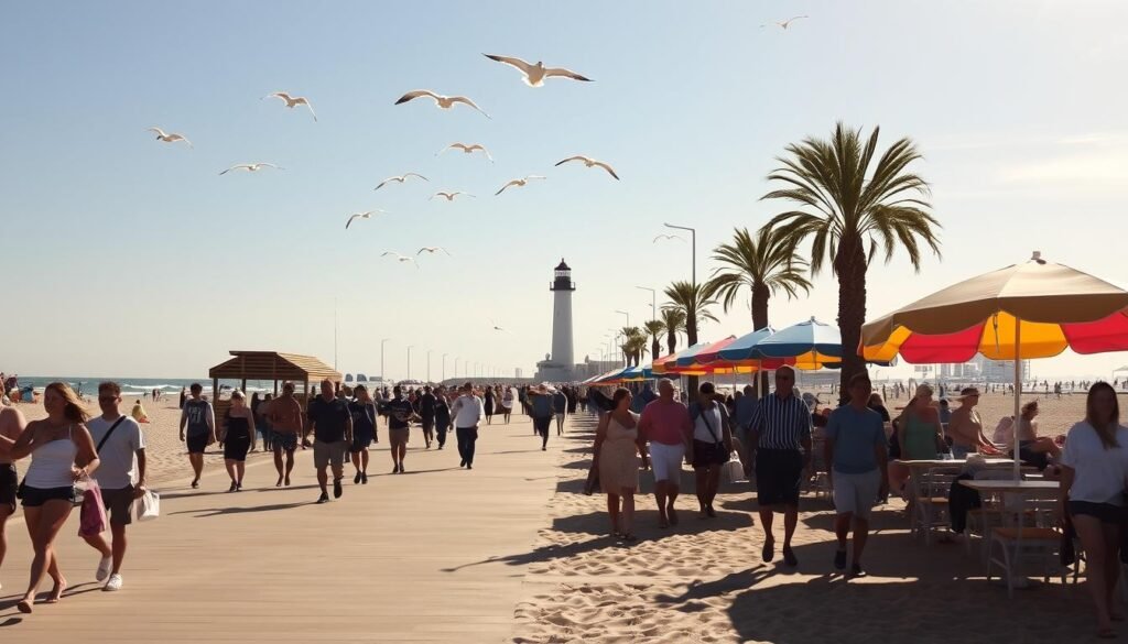 A sun-dappled promenade along the Long Beach shoreline, bustling with locals and tourists alike. In the foreground, a group of beachgoers strolling leisurely, carrying beach bags and towels. The middle ground features a row of colorful beach umbrellas, casting playful shadows on the golden sand. In the distance, the iconic Long Beach Lighthouse stands tall, its beacon guiding ships through the sparkling Pacific waters. Seagulls soar overhead, their cries echoing the laidback, seaside ambiance. The scene is bathed in warm, golden sunlight, creating a dreamy, nostalgic atmosphere that captures the essence of a quintessential Long Beach experience.