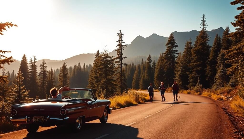 A sun-dappled road winds through lush evergreen forests, with towering peaks visible in the distance. In the foreground, a vintage convertible car sits on the shoulder, its driver leaning out to take in the scenic vista. The warm, golden light filters through the canopy of trees, casting a cozy glow on the scene. In the middle ground, hikers pause to rest, their backpacks and hiking poles suggesting a day of adventure. The background is filled with the silhouettes of rugged mountains, hinting at the vast, untamed wilderness that awaits beyond the road. This idyllic road trip scene captures the essence of exploring Oregon's natural wonders.