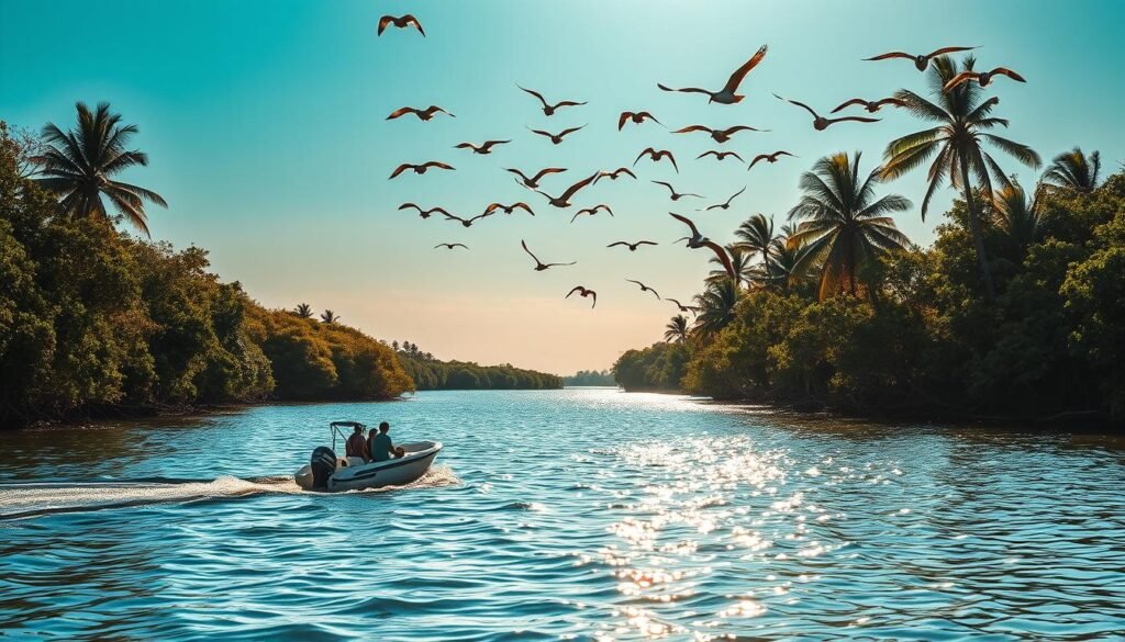 A sun-dappled scene along the serene Cocoa Beach coastline. In the foreground, a small boat glides across the calm waters, its passengers eagerly scanning the surface for signs of marine life. Lush mangroves and palm trees line the shore, creating a verdant backdrop. Overhead, a flock of seabirds soar gracefully, their wings outstretched against a brilliant azure sky. The warm, golden light illuminates the tranquil scene, evoking a sense of adventure and discovery. A telephoto lens captures the intimate details, from the gentle ripples on the water to the intricate textures of the natural surroundings, inviting the viewer to immerse themselves in this wildlife-rich coastal haven. A sun-dappled scene along the serene Cocoa Beach coastline. In the foreground, a small boat glides across the calm waters, its passengers eagerly scanning the surface for signs of marine life. Lush mangroves and palm trees line the shore, creating a verdant backdrop. Overhead, a flock of seabirds soar gracefully, their wings outstretched against a brilliant azure sky. The warm, golden light illuminates the tranquil scene, evoking a sense of adventure and discovery. A telephoto lens captures the intimate details, from the gentle ripples on the water to the intricate textures of the natural surroundings, inviting the viewer to immerse themselves in this wildlife-rich coastal haven.