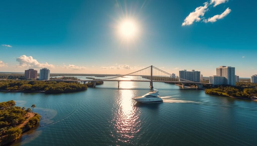 A sun-dappled scene of Panama City, Florida, captured from a high vantage point. In the foreground, a glistening yacht glides across a tranquil bay, its reflection mirroring the surrounding lush greenery. In the middle ground, a graceful suspension bridge arches over the water, leading the eye towards the distant horizon. The background features a skyline of modern high-rises bathed in a warm, golden light, conveying a sense of vibrant, coastal affluence. The overall mood is one of serene beauty, with a focus on the interplay of land, water, and architecture. Captured through a wide-angle lens, this image showcases the picturesque and scenic essence of this Gulf Coast city.