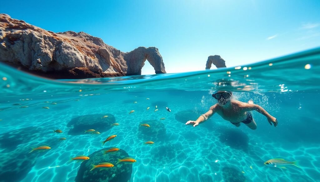 A sun-dappled seascape, the crystalline waters of Banderas Bay lapping against a rugged granite coastline. In the foreground, a snorkeler gracefully glides through the shimmering surface, their mask and snorkel equipment casting playful reflections. Vibrant schools of tropical fish dart through the shallows, while in the middle distance, the iconic rock formations of Los Arcos stand tall, their jagged silhouettes framed against a brilliant azure sky. The overall scene emanates a sense of tranquility and adventure, perfectly capturing the essence of the Puerto Vallarta's captivating water-based activities. A sun-dappled seascape, the crystalline waters of Banderas Bay lapping against a rugged granite coastline. In the foreground, a snorkeler gracefully glides through the shimmering surface, their mask and snorkel equipment casting playful reflections. Vibrant schools of tropical fish dart through the shallows, while in the middle distance, the iconic rock formations of Los Arcos stand tall, their jagged silhouettes framed against a brilliant azure sky. The overall scene emanates a sense of tranquility and adventure, perfectly capturing the essence of the Puerto Vallarta's captivating water-based activities.