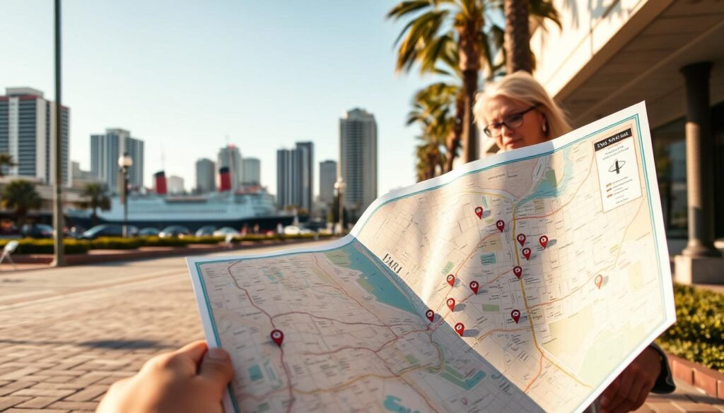 A sun-dappled sidewalk in the heart of Long Beach, California. In the foreground, a detailed map of the city unfolds, markers highlighting key landmarks and attractions. In the middle ground, a person thoughtfully plans their day, considering timing and logistics with a cup of coffee in hand. In the background, the iconic Queen Mary ship and nearby skyscrapers create a vibrant urban skyline, hinting at the diverse experiences to be had. Warm lighting from an afternoon sun casts a serene glow, inviting the viewer to envision their own carefree day exploring the best of this coastal city.