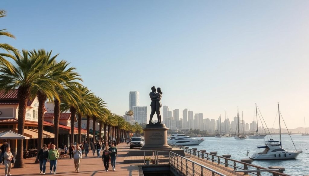 A sun-dappled stroll along the Embarcadero in San Diego, with the iconic Seaport Village in the foreground, its charming shops and eateries framed by palm trees and the sparkling bay. In the middle ground, the striking "Kissing Statue" stands as a beloved local landmark, couples embracing against a backdrop of bobbing yachts and the historic Maritime Museum. In the distance, the stunning San Diego skyline rises, its modern high-rises and historic towers bathed in warm, golden light, creating a picturesque scene that perfectly encapsulates the laid-back, seaside ambiance of this vibrant coastal city.