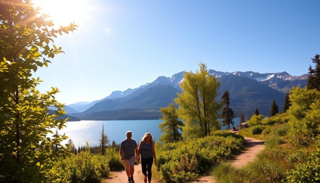 A sun-dappled trail winds through lush, verdant foliage, bathed in the warm, golden glow of a May afternoon. In the foreground, hikers stroll along the path, their faces alight with joy and wonder. The middle ground features majestic peaks rising in the distance, their snow-capped summits gleaming under the clear, azure sky. In the background, a serene lake reflects the surrounding natural beauty, its calm waters rippling gently. The scene conveys a sense of tranquility, adventure, and the perfect weather for a memorable May trip in the United States.