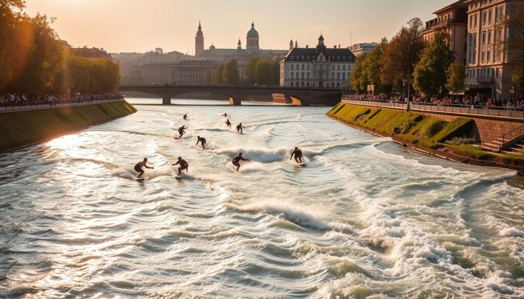 A sun-dappled urban river bank, the Eisbachwelle surf spot in Munich comes alive with the dynamic interplay of water and motion. In the foreground, skilled surfers glide across the river's surface, their boards carving graceful arcs as they navigate the flowing waves. The middle ground reveals the lush, verdant banks dotted with onlookers, their expressions rapt as they witness the surfers' captivating feats. Framing the scene, the background showcases the picturesque cityscape, its historic architecture and modern skyline blending seamlessly. Warm, golden light filters through the scene, imbuing the entire composition with a sense of energy and vitality. The overall atmosphere is one of urban adventure, where the thrill of surfing meets the charm of a vibrant metropolitan setting.