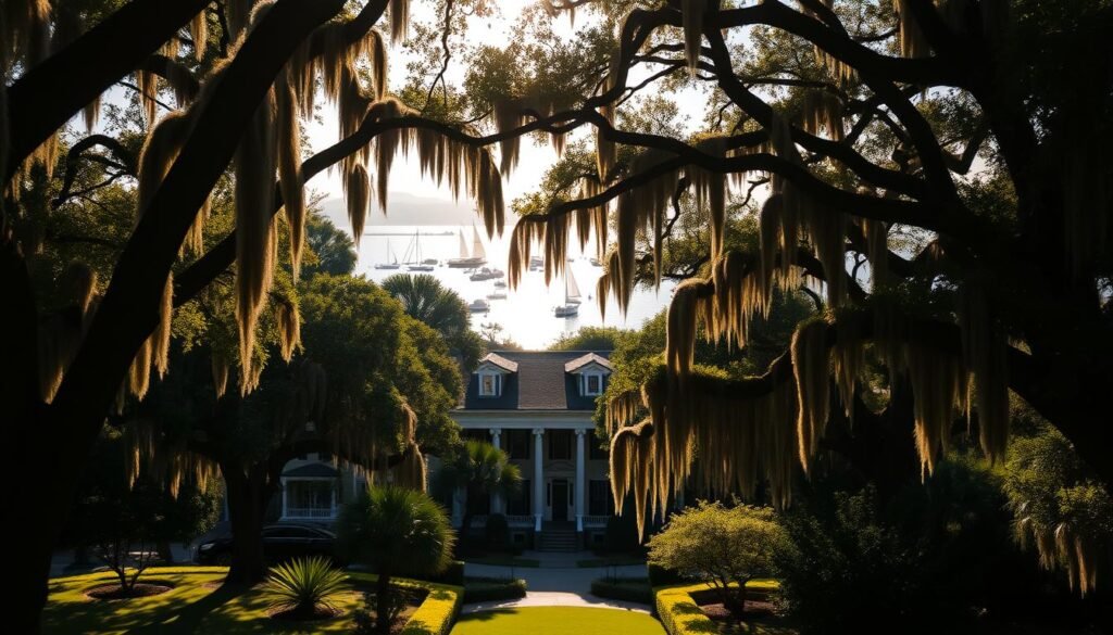 A sun-dappled view of the historic Battery White Point Garden in Charleston, South Carolina. In the foreground, towering live oak trees with drooping Spanish moss canopy the lush, verdant pathways. Stately antebellum homes line the middle ground, their elegant architecture reflecting the area's rich history. In the background, the glistening waters of the Charleston Harbor stretch out, with sailboats and yachts dotting the horizon. The scene is bathed in warm, golden light, casting a serene, nostalgic atmosphere over the entire vista. Capture the timeless charm and natural beauty of this quintessential Charleston landmark.