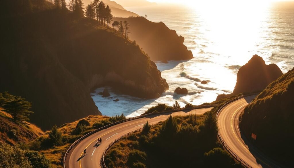 A sun-drenched California coast, with crashing waves and towering redwoods in the distance. Warm rays glint off the azure ocean, casting a golden glow over the rugged cliffs. In the foreground, a winding coastal highway curves gracefully, flanked by verdant foliage and dramatic rock formations. Surfers ride the gentle swells, their silhouettes etched against the shimmering horizon. The scene exudes a sense of tranquility and adventure, inviting the viewer to embark on a captivating West Coast road trip. A sun-drenched California coast, with crashing waves and towering redwoods in the distance. Warm rays glint off the azure ocean, casting a golden glow over the rugged cliffs. In the foreground, a winding coastal highway curves gracefully, flanked by verdant foliage and dramatic rock formations. Surfers ride the gentle swells, their silhouettes etched against the shimmering horizon. The scene exudes a sense of tranquility and adventure, inviting the viewer to embark on a captivating West Coast road trip.