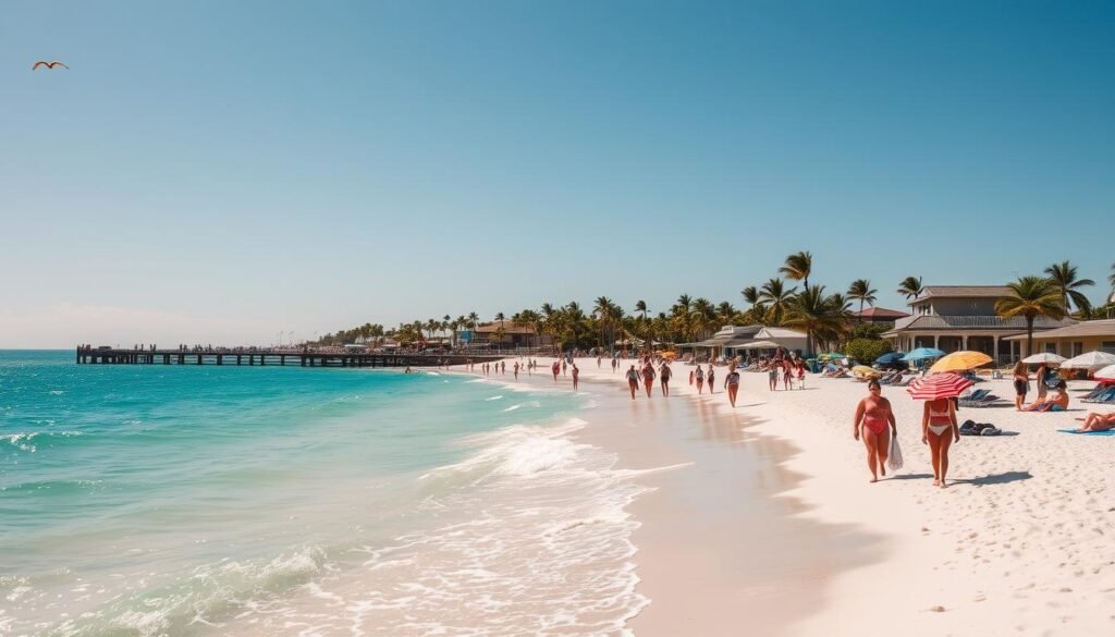 A sun-drenched Gulf Coast beach scene, with turquoise waters lapping at the sugar-white sand of Sarasota and Anna Maria Island. In the foreground, sun-kissed beachgoers stroll along the shore, umbrellas and towels in hand. The middle ground features a lively boardwalk, lined with quaint coastal shops and casual beach bars. In the distance, the silhouettes of palm trees sway gently against a backdrop of a clear, azure sky. The scene is bathed in a warm, golden glow, creating a tranquil and inviting atmosphere that captures the essence of the Florida Gulf Coast's natural beauty.