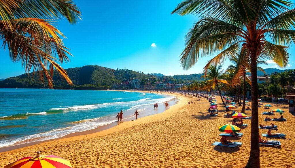 A sun-drenched Puerto Vallarta beach, with glistening golden sand and gentle waves lapping at the shore. In the foreground, colorful umbrellas dot the sand, providing shade and a vibrant contrast to the azure waters. Swaying palm trees line the edges, their fronds casting a natural canopy overhead. In the middle ground, beachgoers lounge on towels, building sandcastles, and splashing in the inviting surf. The background is framed by lush, verdant hills, their slopes dotted with charming haciendas and tropical foliage. Warm, golden light filters through the scene, creating a sense of tranquility and relaxation. The atmosphere is one of carefree bliss, perfectly capturing the essence of the picturesque Puerto Vallarta coastline. A sun-drenched Puerto Vallarta beach, with glistening golden sand and gentle waves lapping at the shore. In the foreground, colorful umbrellas dot the sand, providing shade and a vibrant contrast to the azure waters. Swaying palm trees line the edges, their fronds casting a natural canopy overhead. In the middle ground, beachgoers lounge on towels, building sandcastles, and splashing in the inviting surf. The background is framed by lush, verdant hills, their slopes dotted with charming haciendas and tropical foliage. Warm, golden light filters through the scene, creating a sense of tranquility and relaxation. The atmosphere is one of carefree bliss, perfectly capturing the essence of the picturesque Puerto Vallarta coastline.