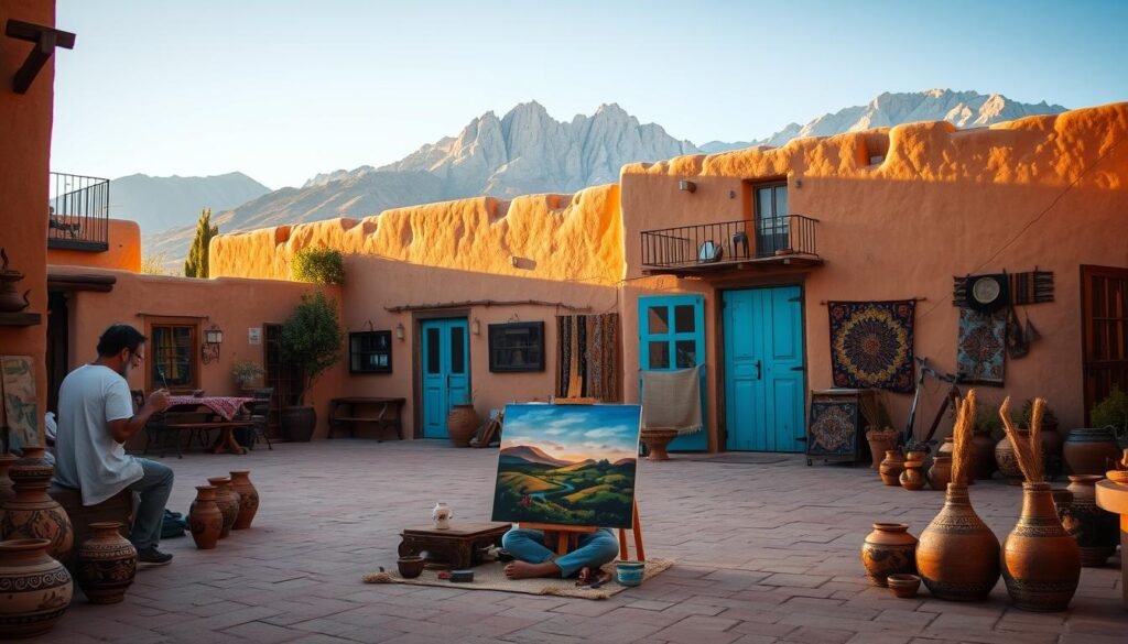 A sun-drenched adobe courtyard in historic Santa Fe, New Mexico. In the foreground, a local artist sits cross-legged, delicately painting a vibrant landscape onto a handcrafted canvas. Surrounded by intricate pottery, woven textiles, and the aroma of piñon smoke, the scene radiates the unique cultural heritage of the region. In the middle ground, an old adobe building with weathered turquoise doors and wrought-iron balconies overlooks the tranquil scene. The background features the iconic Sangre de Cristo mountains, their rugged peaks bathed in the warm glow of the setting sun. The overall atmosphere captures the essence of an "only-in-Santa-Fe" experience - a timeless, artisanal, and deeply immersive cultural encounter. A sun-drenched adobe courtyard in historic Santa Fe, New Mexico. In the foreground, a local artist sits cross-legged, delicately painting a vibrant landscape onto a handcrafted canvas. Surrounded by intricate pottery, woven textiles, and the aroma of piñon smoke, the scene radiates the unique cultural heritage of the region. In the middle ground, an old adobe building with weathered turquoise doors and wrought-iron balconies overlooks the tranquil scene. The background features the iconic Sangre de Cristo mountains, their rugged peaks bathed in the warm glow of the setting sun. The overall atmosphere captures the essence of an "only-in-Santa-Fe" experience - a timeless, artisanal, and deeply immersive cultural encounter.