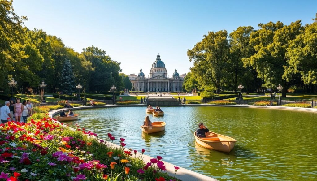 A sun-drenched afternoon in Retiro Park, Madrid. In the foreground, visitors stroll along the serene lake, renting vintage rowboats to drift across the glimmering waters. Vibrant gardens line the banks, bursting with blooming flowers in a symphony of colors. In the middle distance, the iconic Palacio de Cristal stands as a magnificent glass palace, its intricate architecture casting delicate shadows. Beyond, the lush tree canopy provides a verdant backdrop, dappled with warm, golden light filtering through the leaves. A tranquil, idyllic scene, inviting onlookers to bask in the park's peaceful ambiance and indulge in a leisurely picnic on the manicured lawns. A sun-drenched afternoon in Retiro Park, Madrid. In the foreground, visitors stroll along the serene lake, renting vintage rowboats to drift across the glimmering waters. Vibrant gardens line the banks, bursting with blooming flowers in a symphony of colors. In the middle distance, the iconic Palacio de Cristal stands as a magnificent glass palace, its intricate architecture casting delicate shadows. Beyond, the lush tree canopy provides a verdant backdrop, dappled with warm, golden light filtering through the leaves. A tranquil, idyllic scene, inviting onlookers to bask in the park's peaceful ambiance and indulge in a leisurely picnic on the manicured lawns.