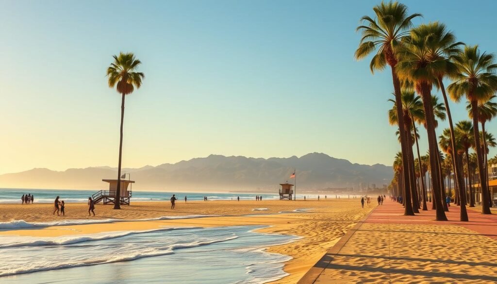 A sun-drenched beach in San Diego, California, with gentle waves lapping at the golden sand. In the foreground, people stroll along the boardwalk, soaking up the warm, coastal atmosphere. Tall, swaying palm trees line the scene, casting soft, dappled shadows. In the middle ground, iconic lifeguard towers dot the shoreline, their red roofs standing out against the azure sky. Distant mountains rise up in the background, their rugged peaks touching the horizon. The scene is bathed in a soft, golden light, creating a serene and inviting atmosphere that captures the essence of Southern California beach life.