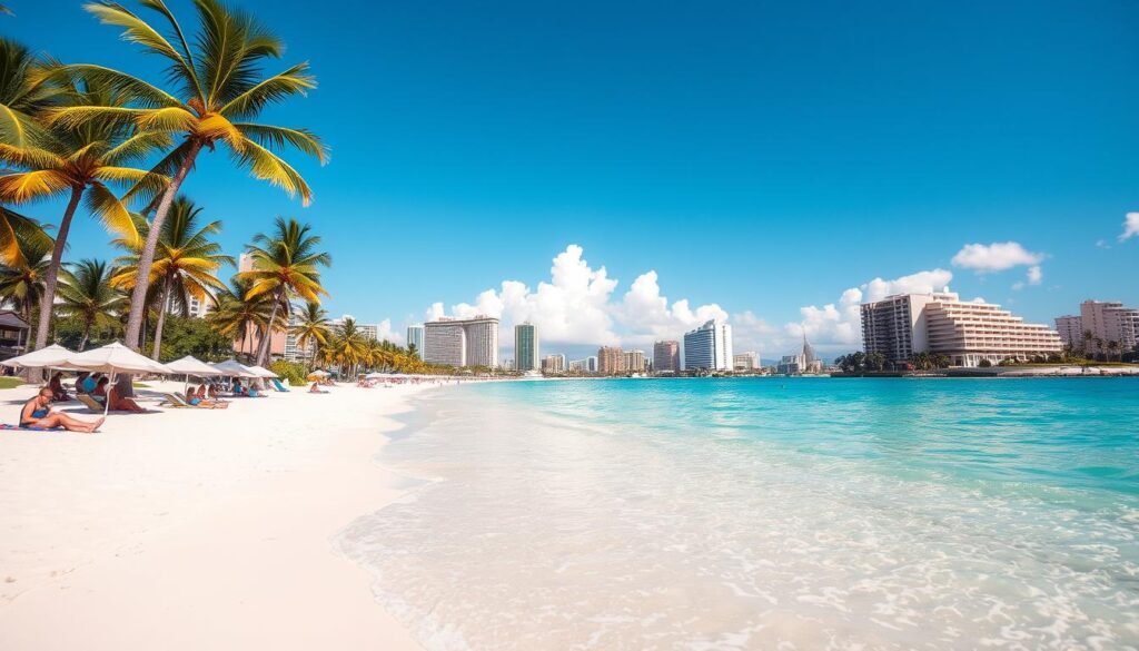 A sun-drenched beach in San Juan, Puerto Rico, with powdery white sand and crystal-clear turquoise waters lapping at the shore. In the foreground, people relaxing on colorful beach towels, umbrellas providing shade. In the middle ground, palm trees sway gently in the warm breeze, casting delicate patterns of light and shadow. The background features the iconic skyline of San Juan, with high-rise hotels and residential buildings framing the scene. The lighting is soft and natural, creating a serene and inviting atmosphere. Captured through a wide-angle lens to showcase the expansive, picturesque setting. A sun-drenched beach in San Juan, Puerto Rico, with powdery white sand and crystal-clear turquoise waters lapping at the shore. In the foreground, people relaxing on colorful beach towels, umbrellas providing shade. In the middle ground, palm trees sway gently in the warm breeze, casting delicate patterns of light and shadow. The background features the iconic skyline of San Juan, with high-rise hotels and residential buildings framing the scene. The lighting is soft and natural, creating a serene and inviting atmosphere. Captured through a wide-angle lens to showcase the expansive, picturesque setting.