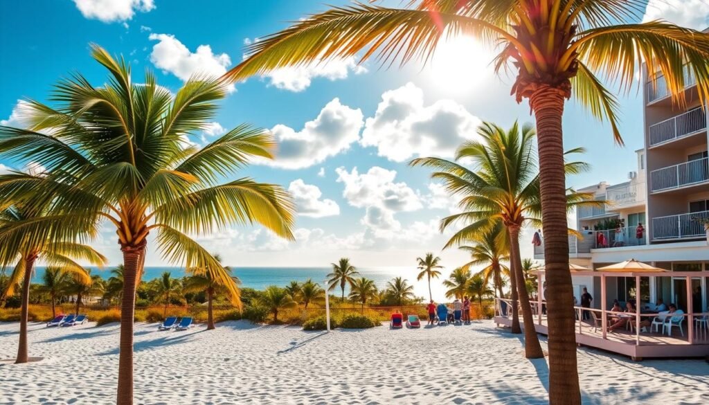 A sun-drenched beachfront hotel overlooking the serene waters of Cocoa Beach, Florida. In the foreground, palm trees sway gently, casting soft shadows on the pristine white sand. The hotel's facade exudes a warm, coastal charm, with pastel-colored walls and inviting balconies. Guests can be seen relaxing on the hotel's private deck, enjoying the breathtaking view of the gently lapping waves. In the background, a vibrant blue sky is dotted with fluffy white clouds, creating a picturesque and tranquil atmosphere. The scene is illuminated by the warm, golden glow of the sun, adding to the relaxed and welcoming ambiance of the Cocoa Beach hotels. A sun-drenched beachfront hotel overlooking the serene waters of Cocoa Beach, Florida. In the foreground, palm trees sway gently, casting soft shadows on the pristine white sand. The hotel's facade exudes a warm, coastal charm, with pastel-colored walls and inviting balconies. Guests can be seen relaxing on the hotel's private deck, enjoying the breathtaking view of the gently lapping waves. In the background, a vibrant blue sky is dotted with fluffy white clouds, creating a picturesque and tranquil atmosphere. The scene is illuminated by the warm, golden glow of the sun, adding to the relaxed and welcoming ambiance of the Cocoa Beach hotels.
