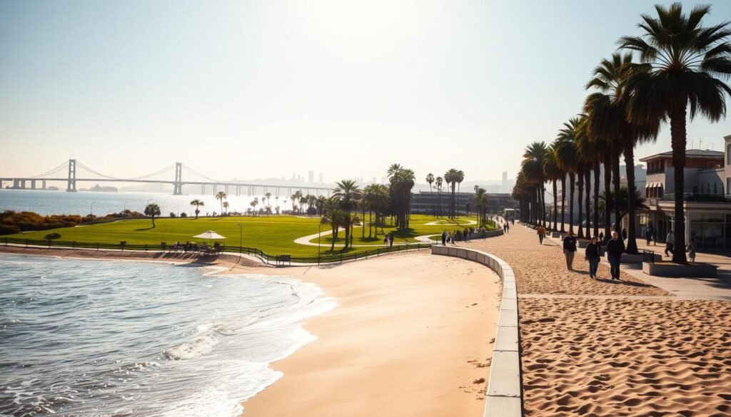 A sun-drenched beachfront in San Diego, with soft golden sand and gentle waves lapping at the shore. In the foreground, a group of people strolling along the boardwalk, enjoying the ocean breeze and the scenic vistas. In the middle ground, a sprawling grassy park with towering palm trees and a winding path inviting visitors to explore. The background showcases the iconic Coronado Bridge and the distant skyline of the city, bathed in a warm, golden light. The scene evokes a sense of tranquility, adventure, and the quintessential San Diego outdoor experience.
